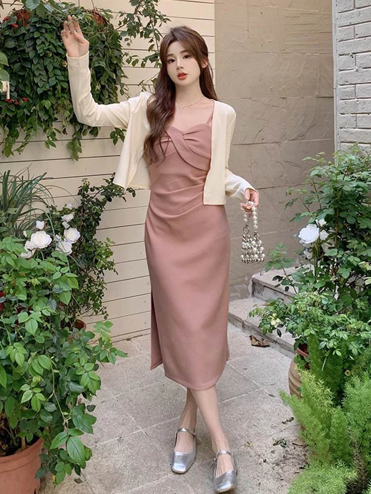 

Розовое платье без бретелек и кардиган Dopaamine: летне-осенний комплект из двух предметов с эффектом утяжки талии и эффектом похудения, создающий ощущение роскоши