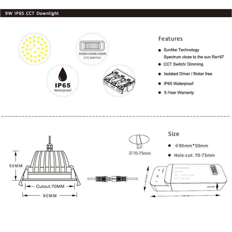 三色ctcダウンライト天井凹型ランプIP65 9ワット12ワット220v sunlike技術Ra97屋外廊下ギャラリーledダウンライト