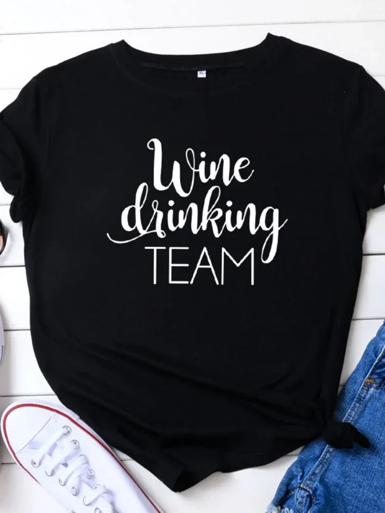 Wine Drinking TEAM Letter Print Women T Shirt Short Sleeve O Neck Loose Women Tshirt Ladies Tee Shirt Tops Camisetas Mujer