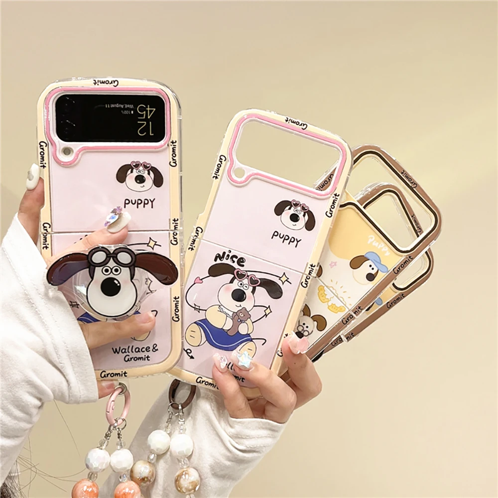 Cartoon Gromits Bring Support with Bracelet Phone Case for Samsung Galaxy Z Flip 3 4 Z Flip 5 6 5G PC Hard Anti-drop Back Cover