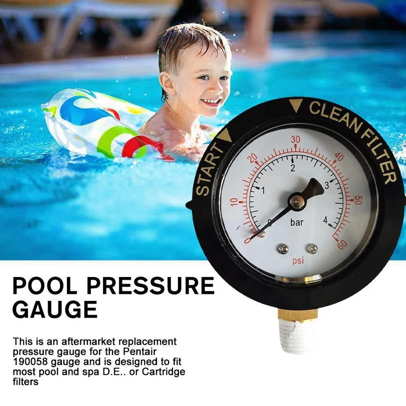 190058 Pressure Gauge 0-60 PSI,Start And Clean Filter Water Pressure Gauge With 1/4 Inch NPT Bottom Mount Swimming Pool