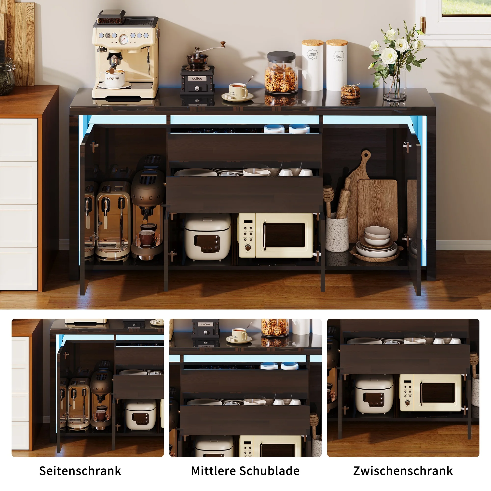 Rosahqnda Sideboard Hochglanzweiß mit LED, modernes Sideboard mit Tür und Schubladen, Buffetschrank, Kommode für die Küche – Detail 27