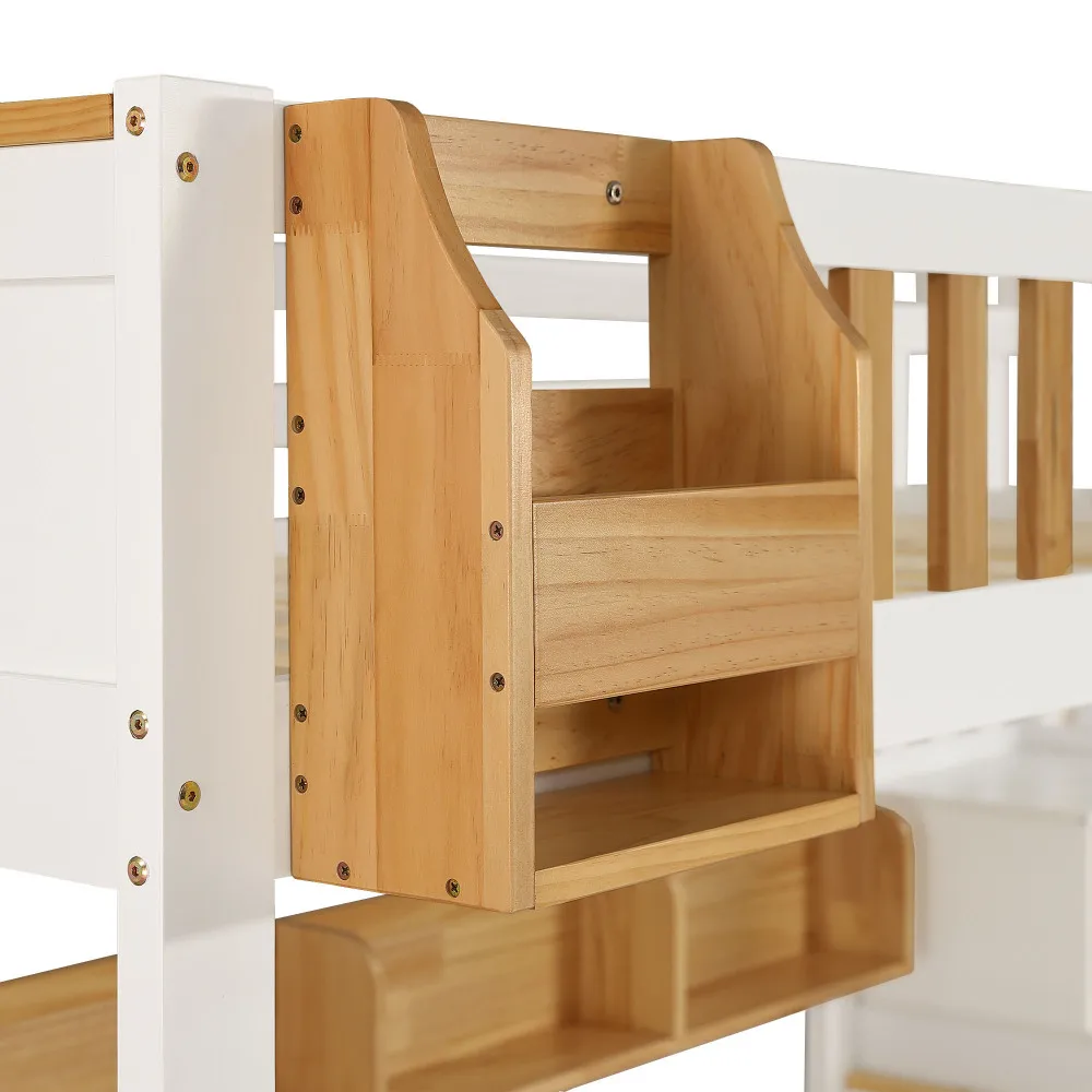 PINGGO Weißes Naturholz-Etagenbett 90x200cm mit Stauraum-Treppe, 4 Schränken, 2 Schubladen, offenem Regal, Fallschirmgitter, Kiefer+MDF, ohne Matratze – Detail 21