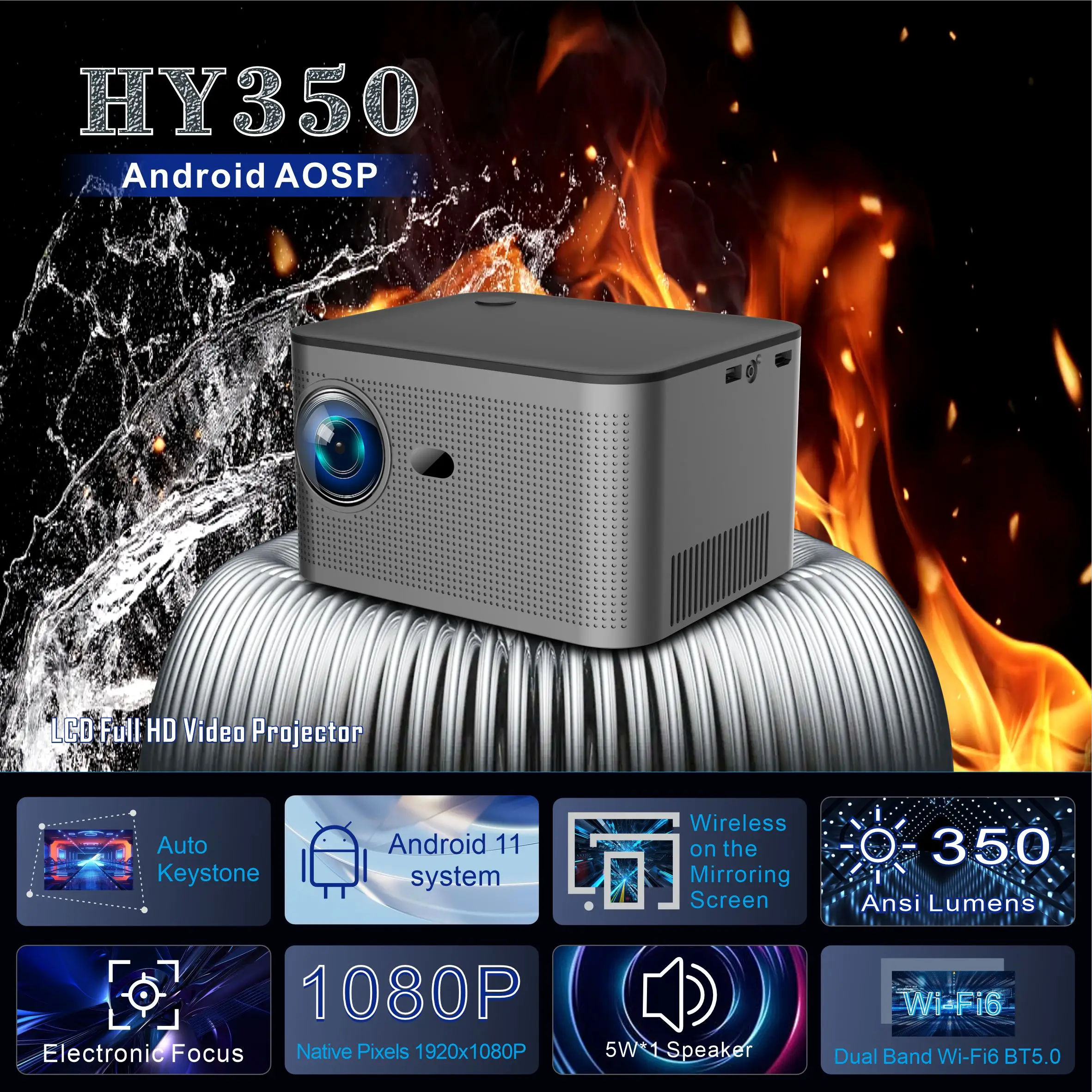 Hy350 New Projector Android 11 Real 4K 1920*1080P Wifi6 580ANSI Allwinner H713 32G Voice Control BT5.0 Home Cinema Projetor