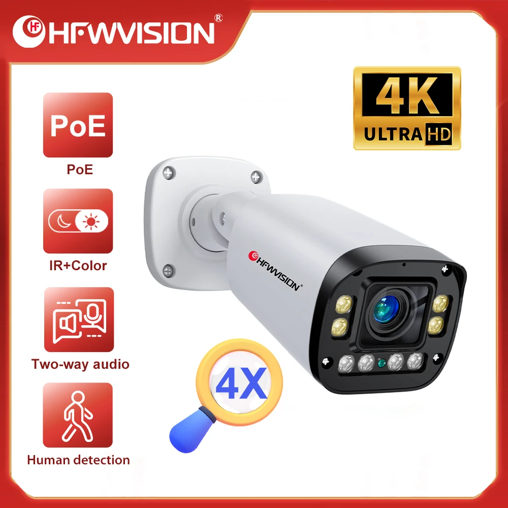 4K 8MP IP Camera Auto Focus 4x Focus POE Audio Outdoor Security Camera with POE H.265 Onvif AI with Face Recognition