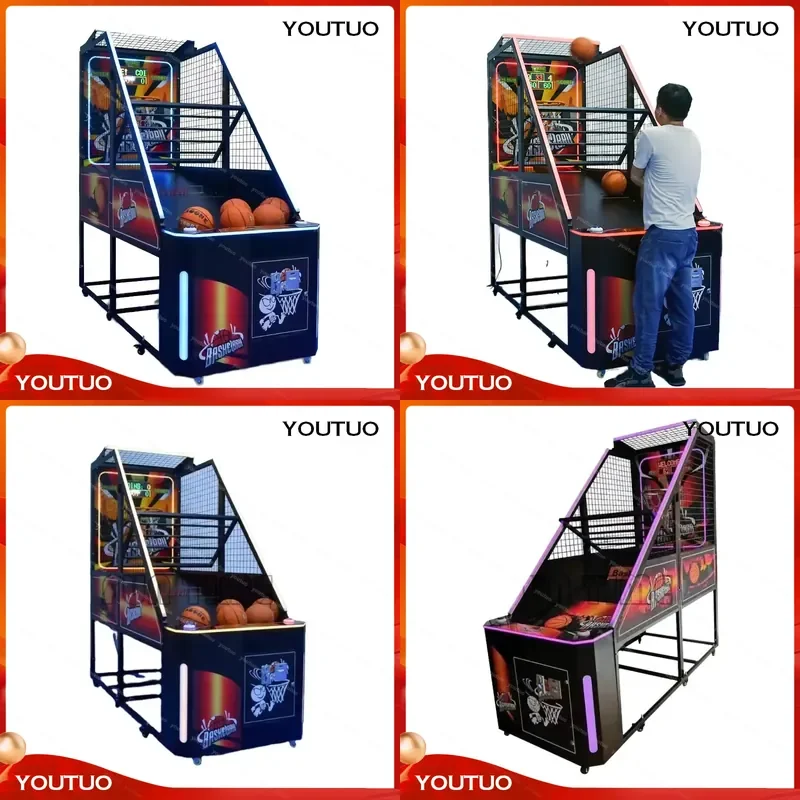 Indoor Arcade Coin Operated Shooting Machine Basketball Game with LED Light Strip Metal Acrylic Plastic Furniture Accessory