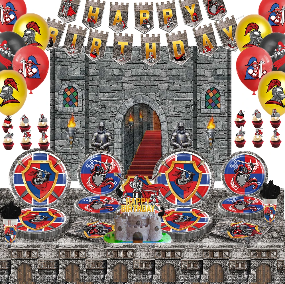 

Medieval Armored Knight Theme Boy Birthday Party Decorations Child Party Disposable Tableware Cartoon Backdrop Balloon Supplies