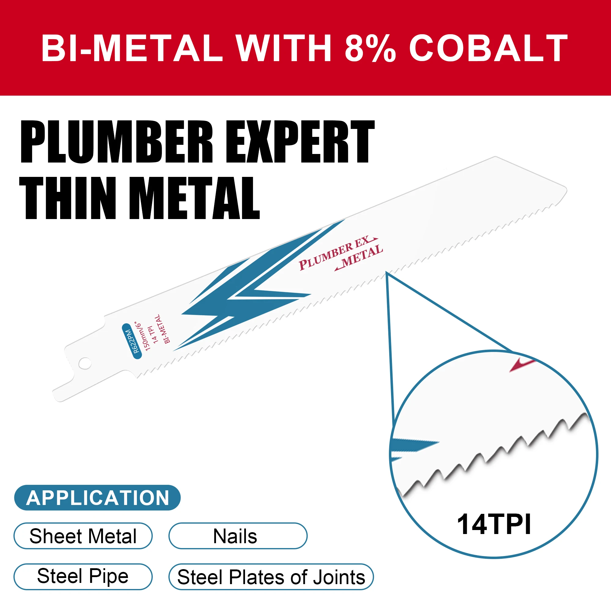 5 Stück 6-Zoll-Säbelsägeblätter 14TPI R622PM Bimetall-Kobalt-Säbelsägeblätter zum Metallschneiden 150 mm Schnitte Handwerkzeuge
