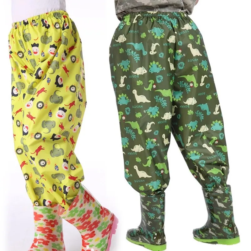 80-120cm Waterproof Kids Rain Pants Cartoon Dinosaur Design Windproof Toddler Boys Girls Mud Trousers Children Outerwear