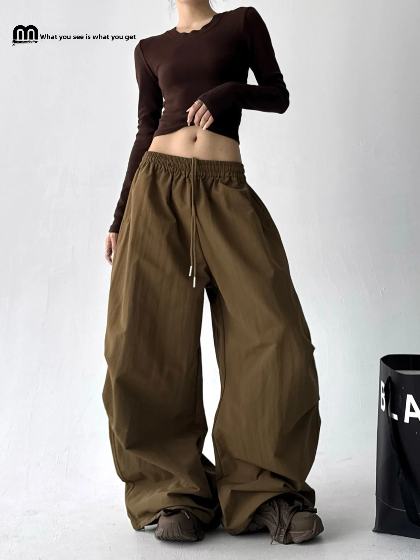 

American Retro Loose Work Pants Women's Autumn New Casual Wide Leg Outdoor Long Paratrooper Pants High Waist Nylon Fabric