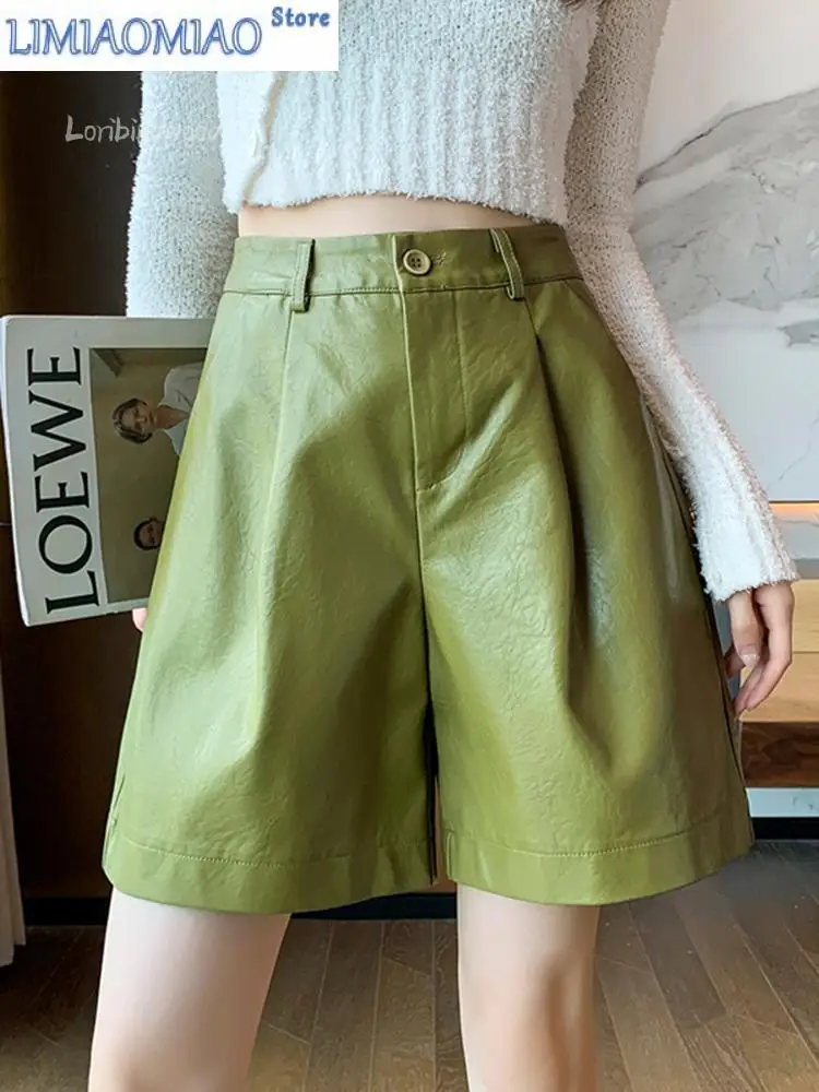 New suli store Shorts Women's Autumn Winter Pu Pants A-line High Waist Wide-leg Five-point Pants Loose Slim Straight-leg Pants