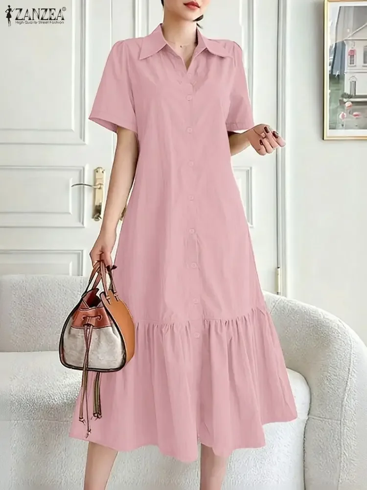 ZANZEA Moda Donna Abiti Midi Elegante Manica Corta Orlo Increspato A-Line Colletto Camicia Camicia Primavera 2026 Donna Vestiti S-3XL