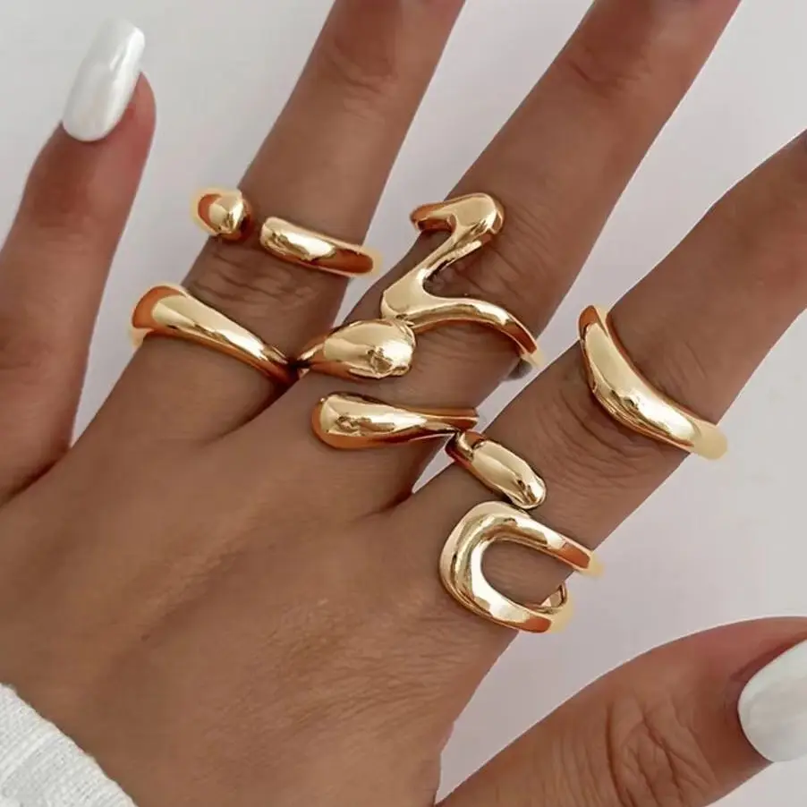

KunJoe 6 Pcs New Fashion Irregular Gold Color Open Rings Set Women Punk Geometric Adjustable Knuckle Joint Rings Party Jewelry