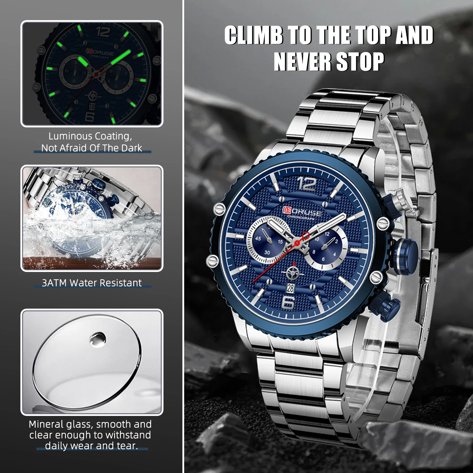 BORUSE Men Luxury Silver Chronograph Quartz Watches Man Business Stainless Steel Sport Watch Waterproof Calendar Clock