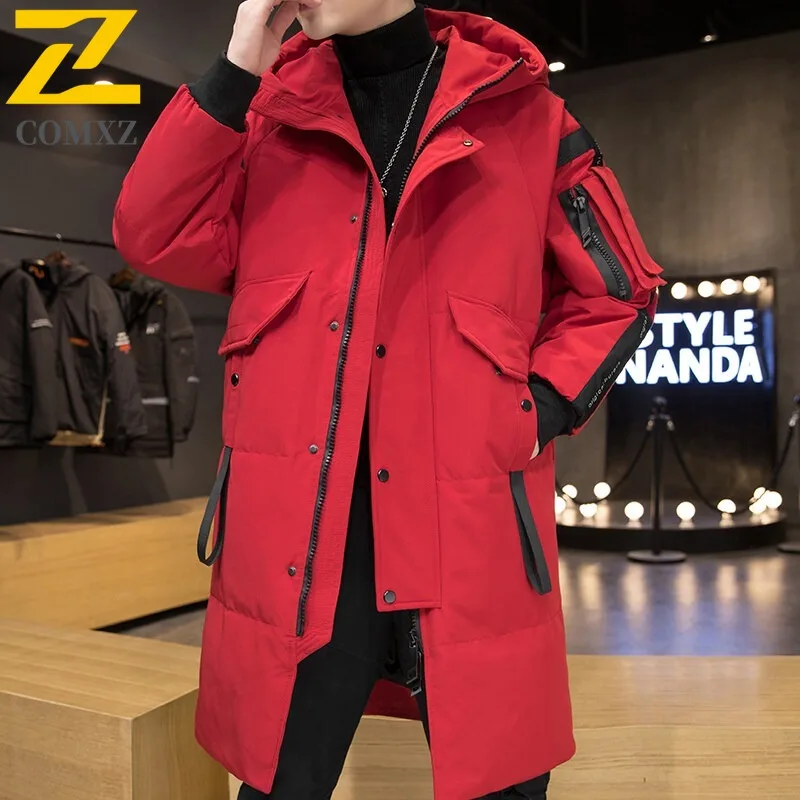 COMXZ 2025 Mens Winter Thickened Long Fleece Puffer Jacket Waterproof Windproof Casual Sport Hooded Coat Lightweight Windbreaker