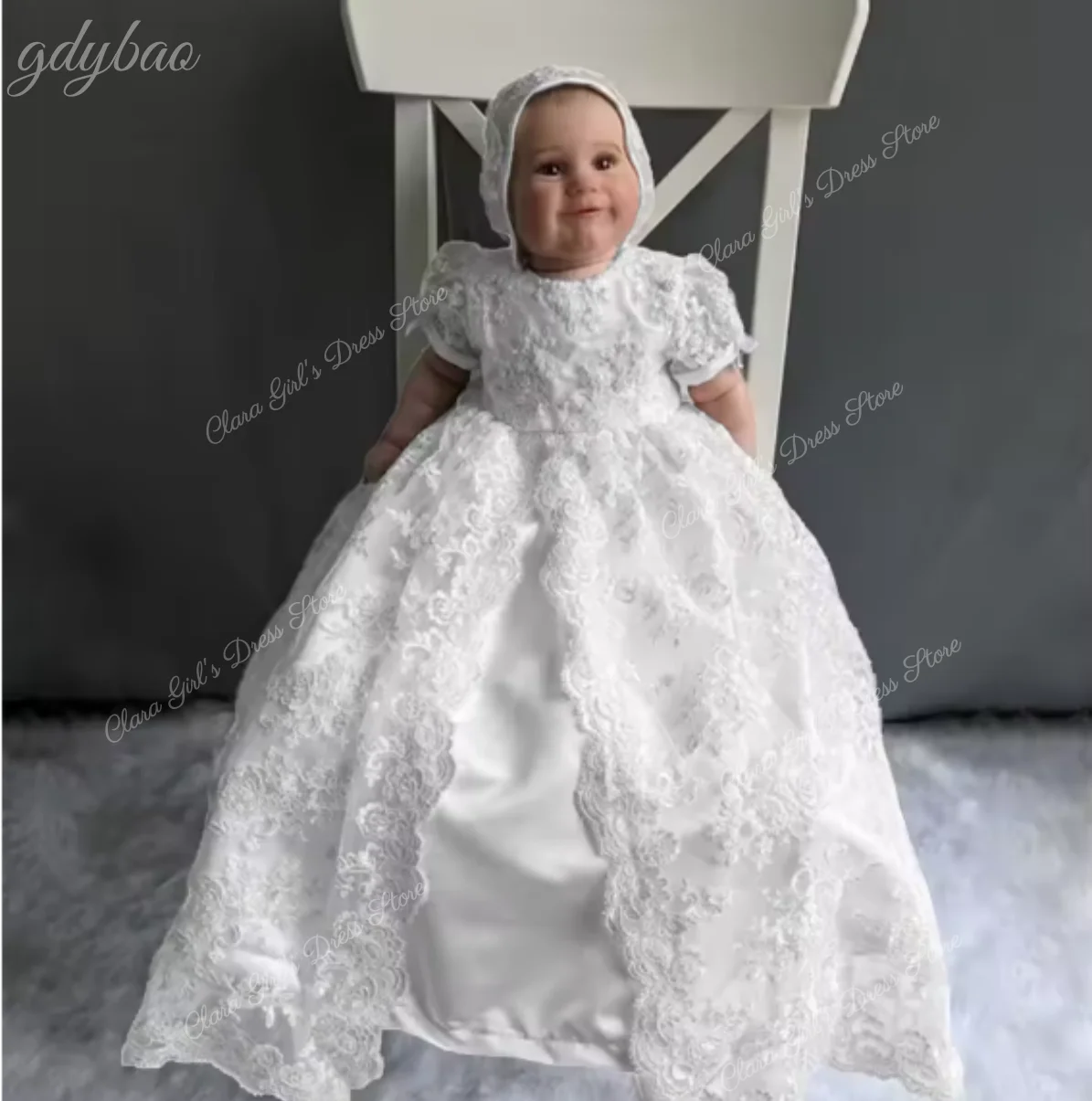 

Baby Girl Baptism Dress Beaded Lace Puff Sleeves Custom Newborn Two-Piece Set Straight-Cut Wedding Flower Girl Dress