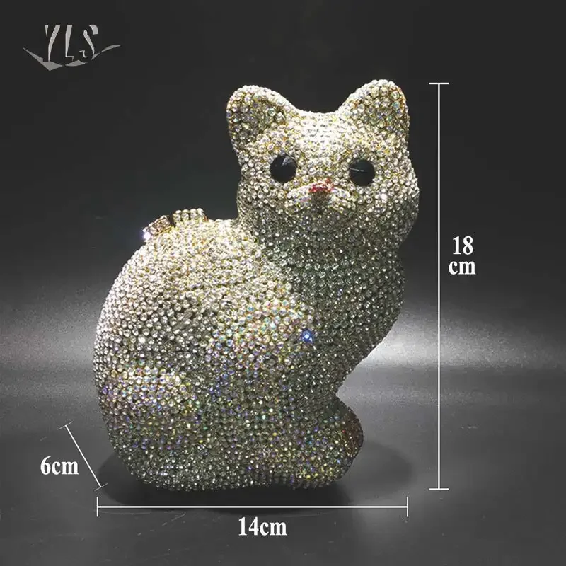 Ladies' new rhinestone bag evening dress wallet luxurious crystal silver gold cute cat shaped handbag party diamond handbag