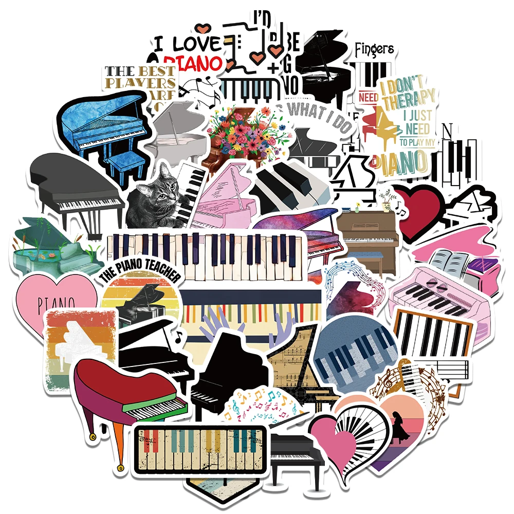 50PCS I Love Piano Cartoon Stickers Waterproof Stickers for Toddlers Kids Teens Adults Water Bottle Skateboard Phone Decals