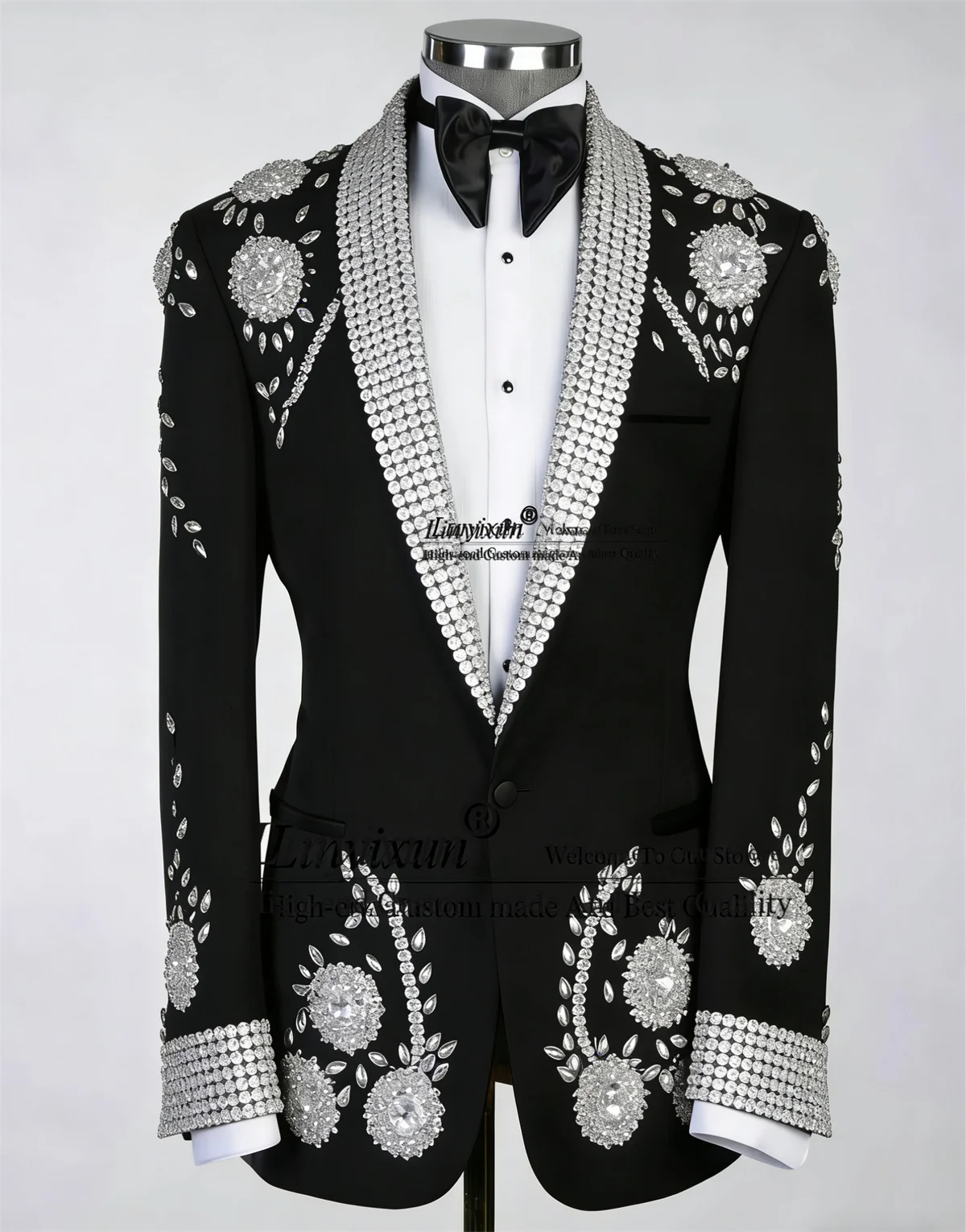 

High End Diamond Ornament Men Suits 2 Piece Sets Groom Male Blazers Glitter Lapel rajes para hombre Customized Wedding Tuxedos