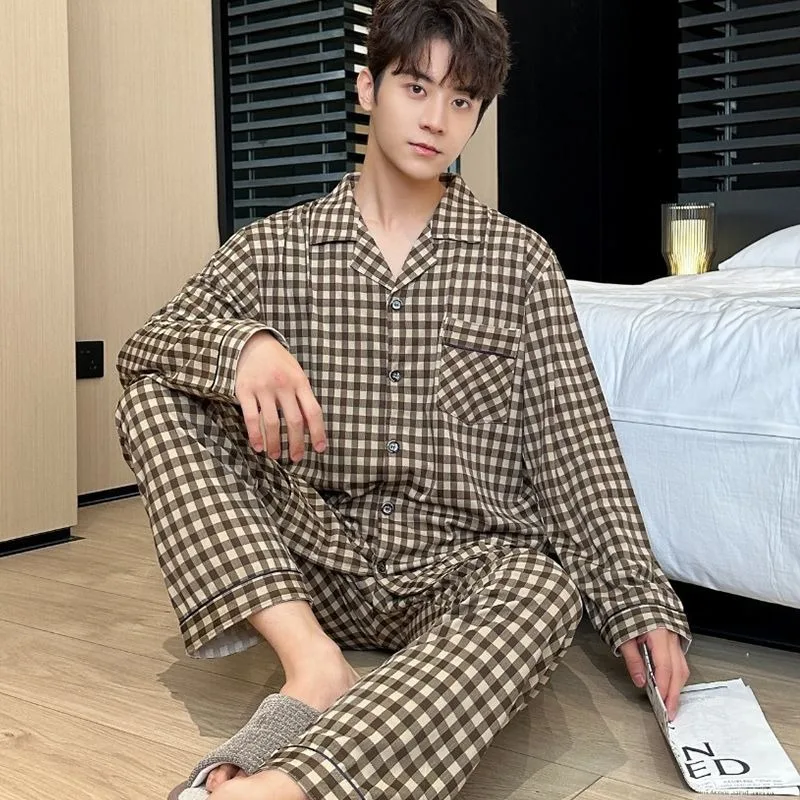 New Cotton Pajamas Men Autumn Winter Pajamas Long Sleeve Thin Pyjamas Plaid Large Size Nightdress Lapel Breasted Home Wear Set