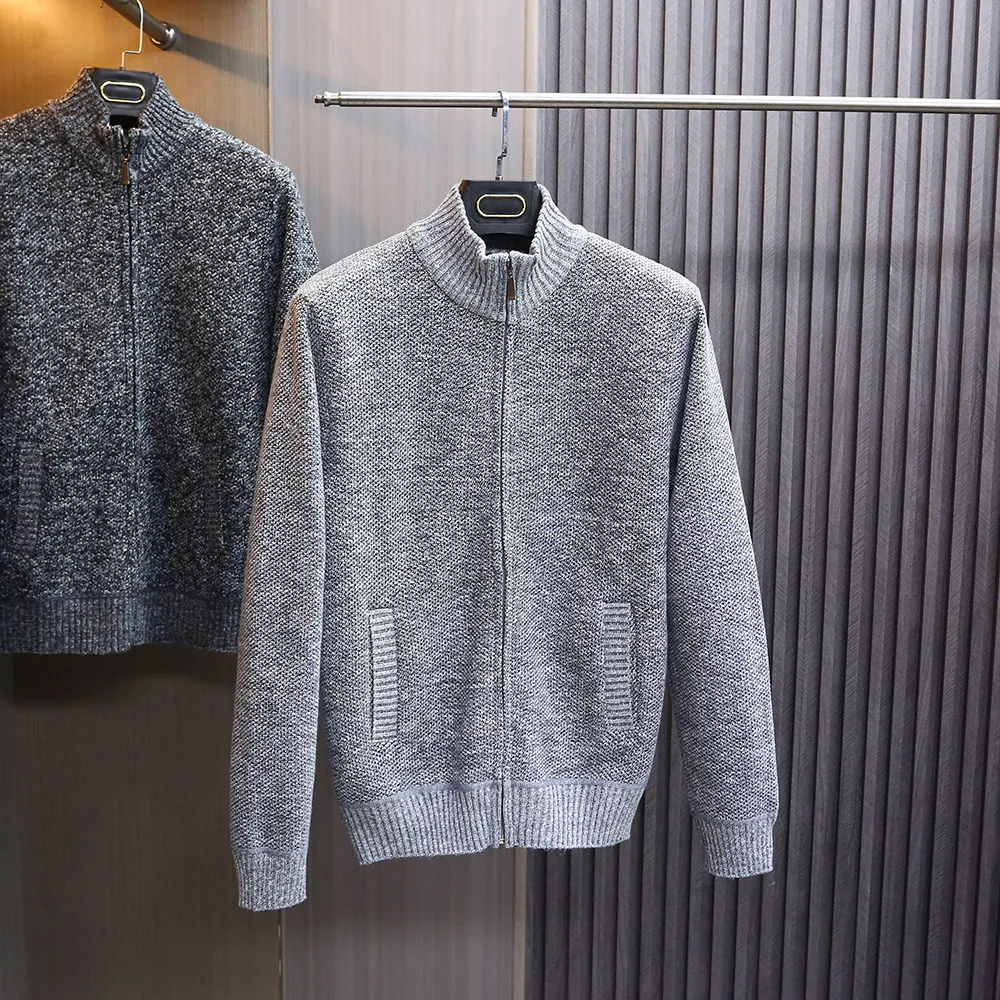 

Мужской зимний теплый кардиган на молнии с воротником-стойкой, на флисовой подкладке, из полиэстера, с длинными рукавами