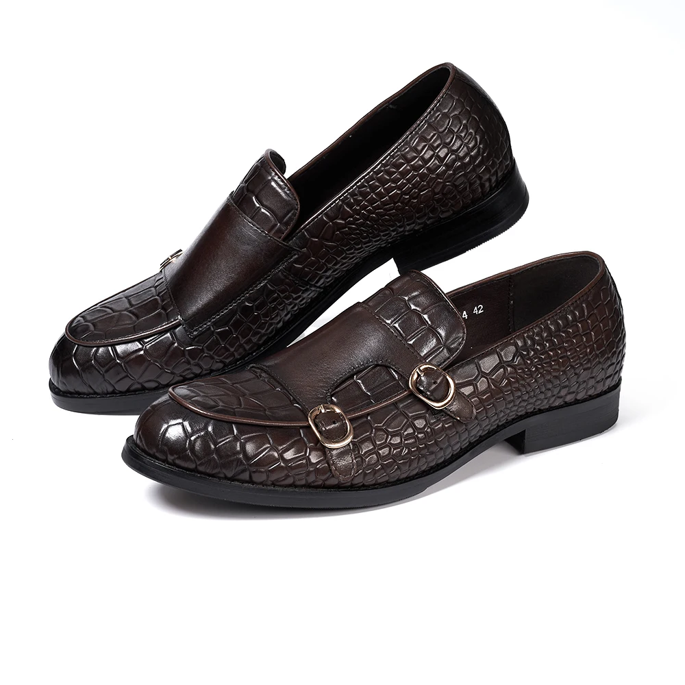 Luxury Men\'s Loafers Genuine Leather Double Buckle Monk Strap Slip on Casual Shoes Crocodile Pattern Wedding Dress Shoes for Men