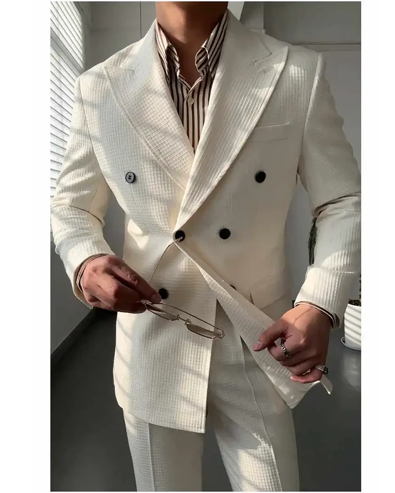 

High-end Gentlemen Suits Set Groom White Wedding Party Peaked Lapel Blazer Pants Custom Made Male Outfits Formal Banquet Suits