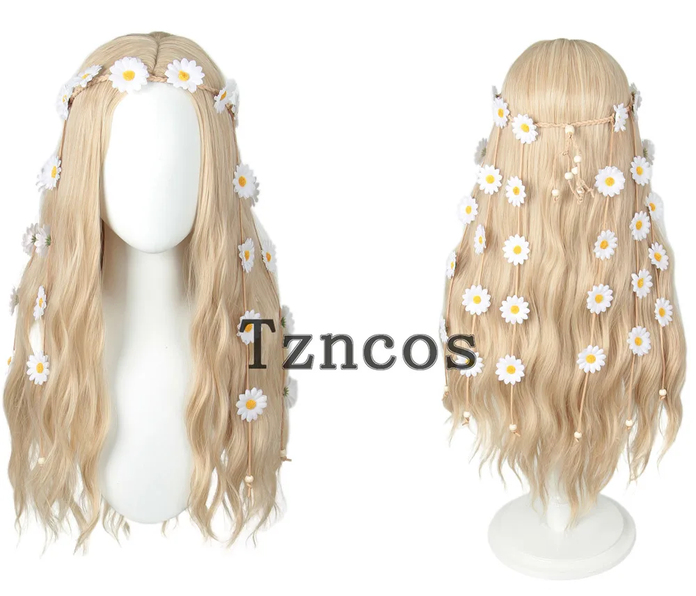 Tzncos Princess Flower Crown Headband Bride Cosplay Hippie Wig Light Wheat Long Wig Heat Resistant Synthetic Hair