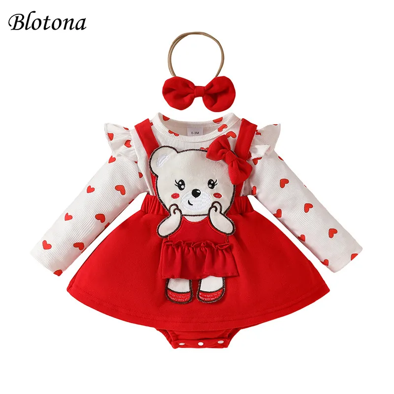 Blotona Baby Girl Fall Outfit, Cute Bear Patch Long Sleeve Romper Dress Bow Headband 2 Piece Set 0-18M