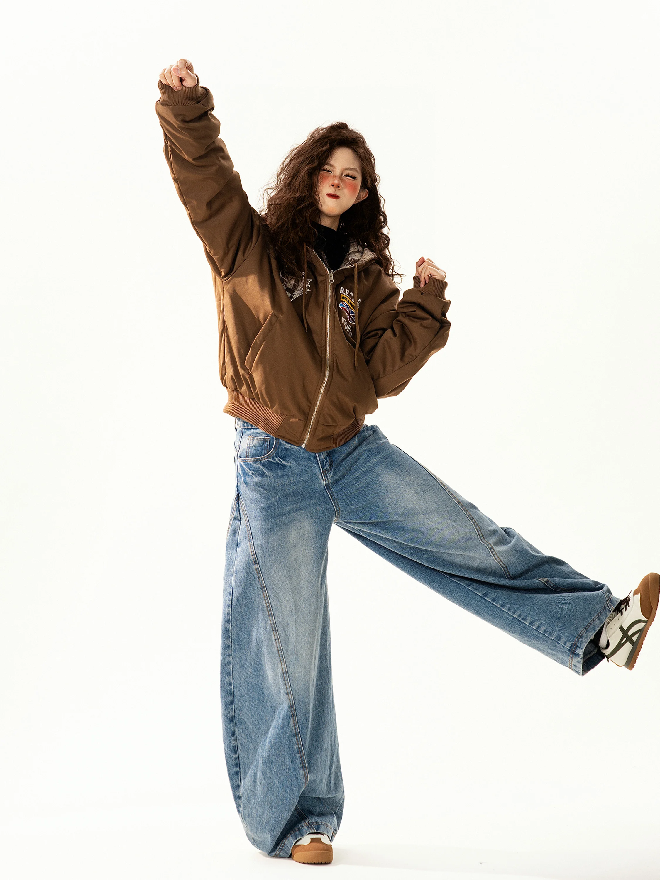 

Женская ретро-куртка в американском стиле в клетку, двусторонняя, с капюшоном, из хлопка, зимняя, свободная, теплая, универсальная, уличная мода