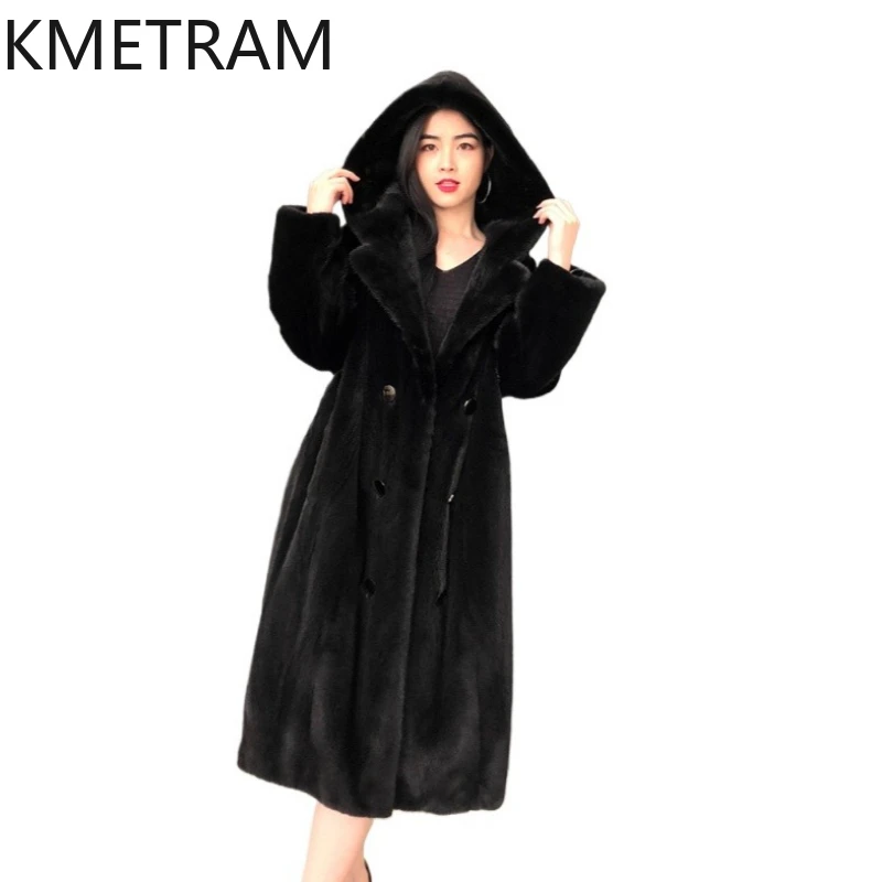 

KMETRAM 100% Velvet Mink Fur Coats Woman High Quality Black Long Real Mink Fur Coat with Hood 2025 Winter Clothes шуба женская