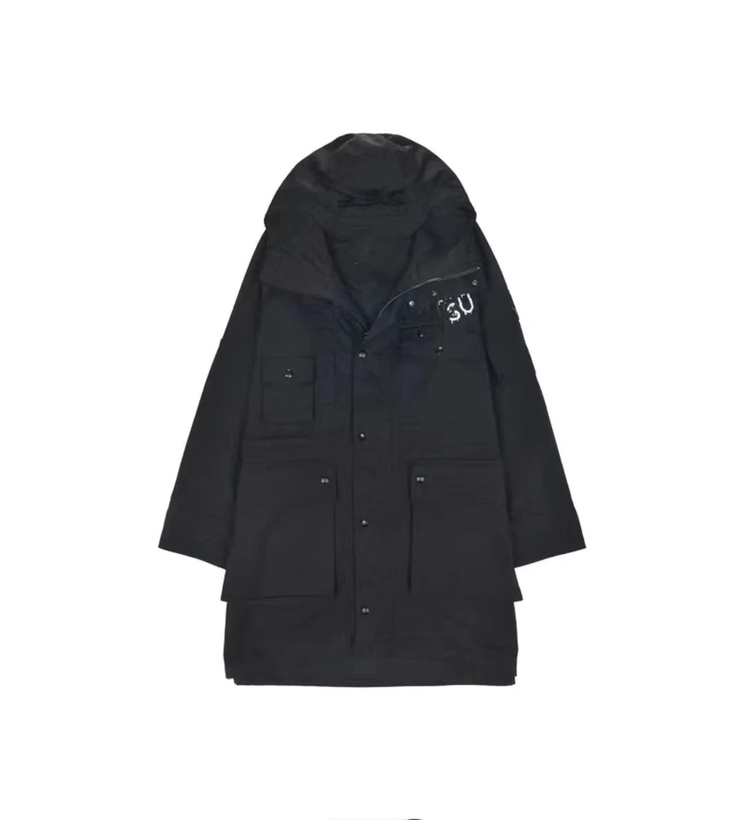 fenggejiwo Windbreaker Men's and women's casual hooded black mid-length loose jacket