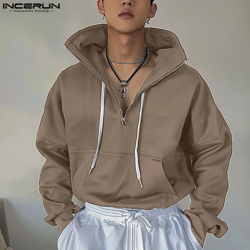 INCERUN Men's Pullovers Lapel Collar Zipper Up Solid Color Long Sleeve Tops Big Pocket City Walk Drawstring Hoodies Sweatshirts