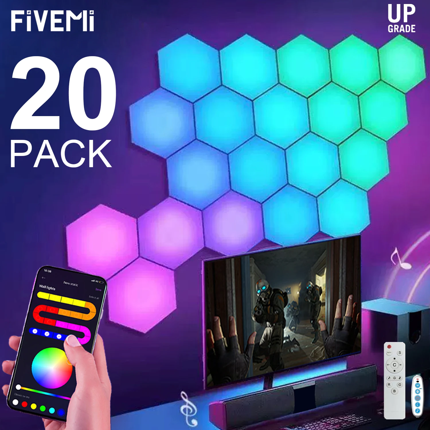 Fivemi RGB Smart Hexagonal Wall Lamp Color Changing Ambient Night Light Hexagonal DYI Music Rhythm APP Control Game Room Bedroom