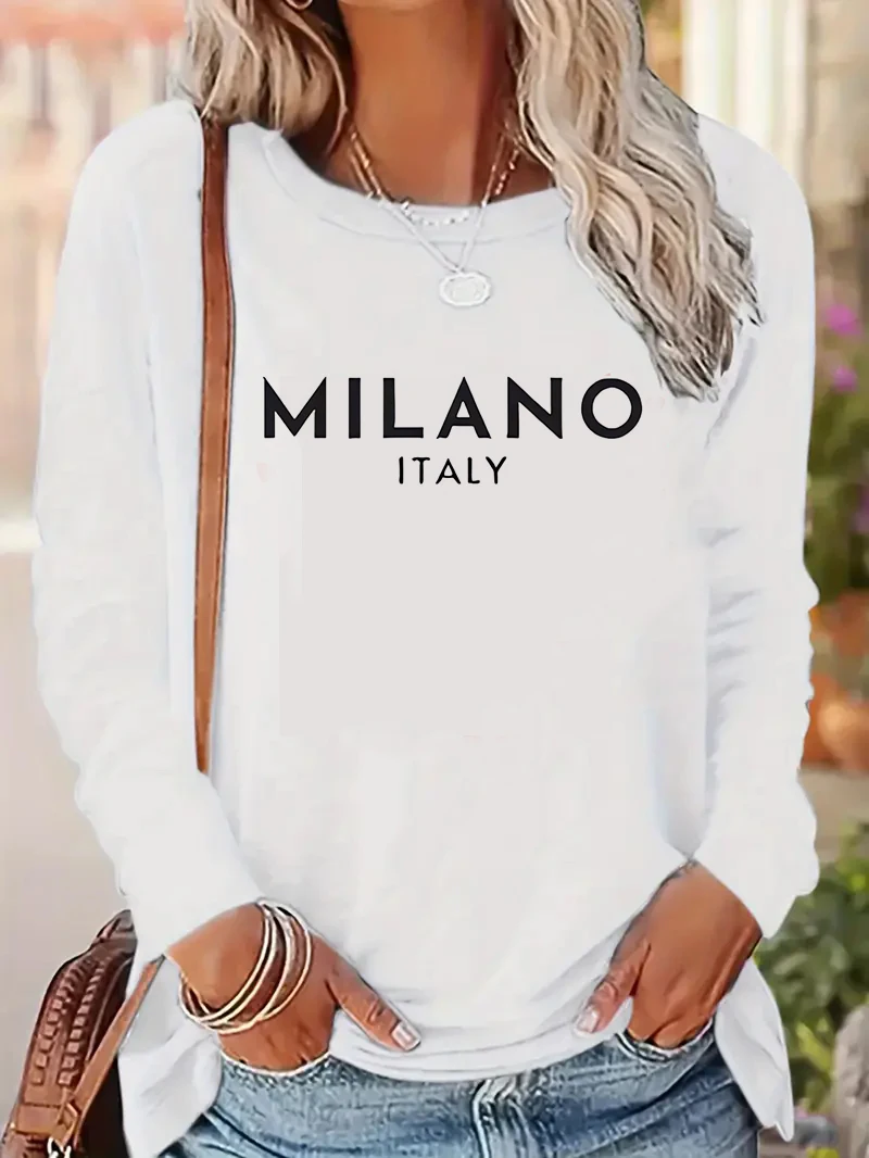 Fashion Milano Italy Printed Long Sleeve Shirt Funny Gothic T Shirt Women's  Print  T-Shirt Crew Neck Top Tee Tshirt Casual