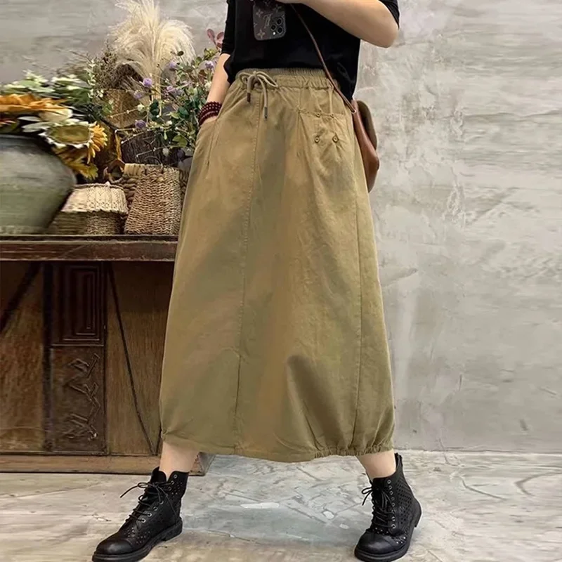 تنورة نسائية مرنة على شكل حرف A ، تنورات قطنية ، قمصان عتيقة ، أحادية اللون ، الصيف ، الربيع ، قمصان