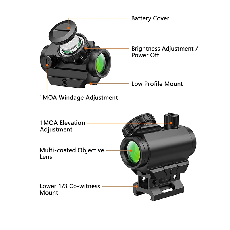MidTen Green Dot Sight 2 MOA Compact Reflex Optics Scope With Lower 1/3 Co-Witness Riser Mount for 21mm Picatinny Rai
