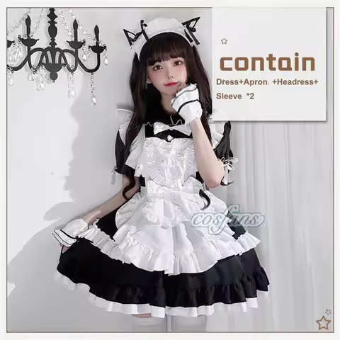 Japanese Sweet Anime Lolita Maid Outfit Dark Gothic Style Black White Palace Waitress Uniform Set Soft Girl Cosplay Kawaii Dress