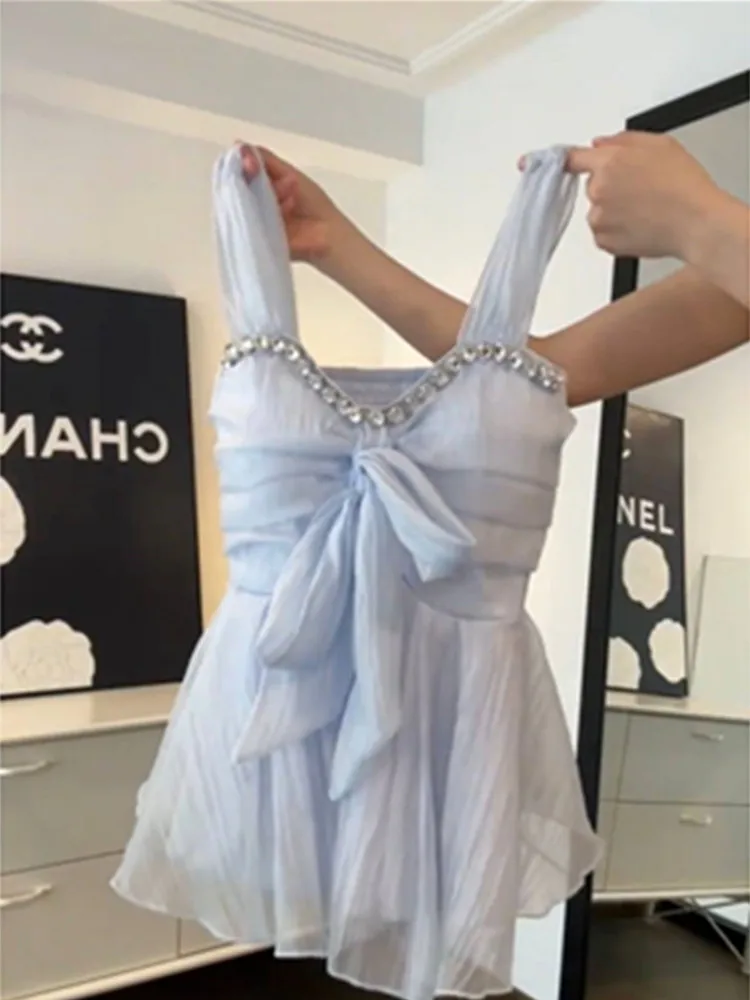 

Heavy Embellied Sequin Chiffon Strap Vest Women's Summer Sweet Knot with Chest Pad Svel Skirted Top