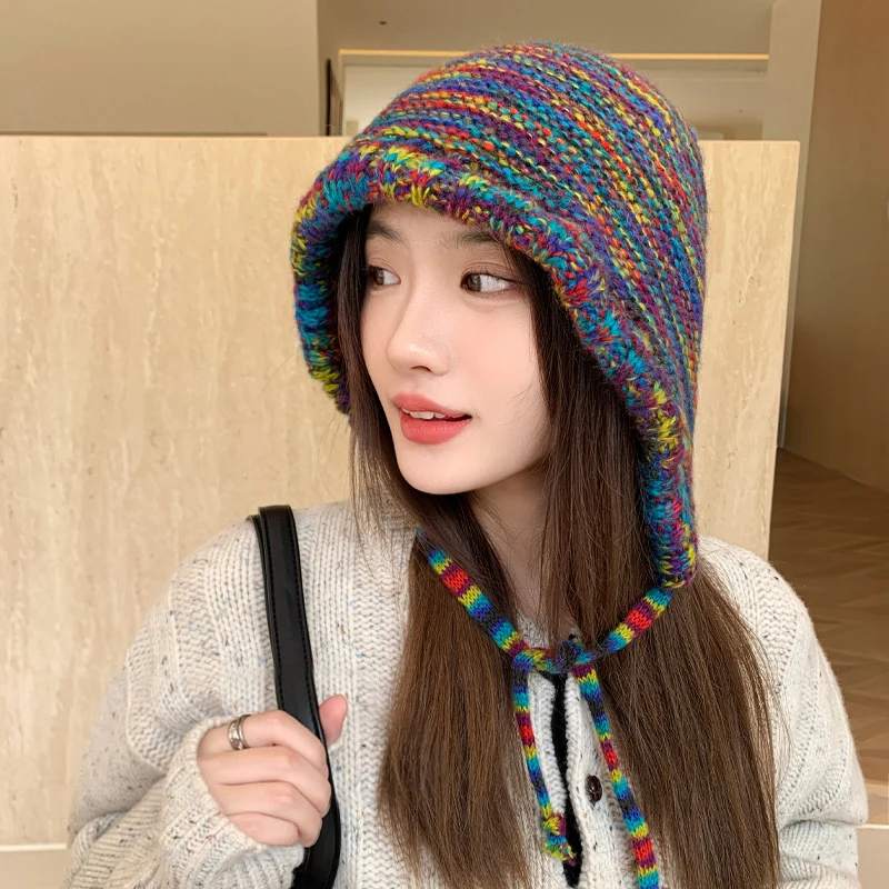 Colorful Rainbow Striped Knit Wool Beanie Hat For Women Winter Warm Crochet Ear Protection Cap Female Girl Snow Windproof Bonnet