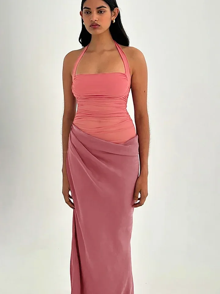 Abito lungo da donna con scollo all'americana sexy patchwork Abito lungo da donna in maglia trasparente marrone Abito da club elegante sottile primaverile femminile