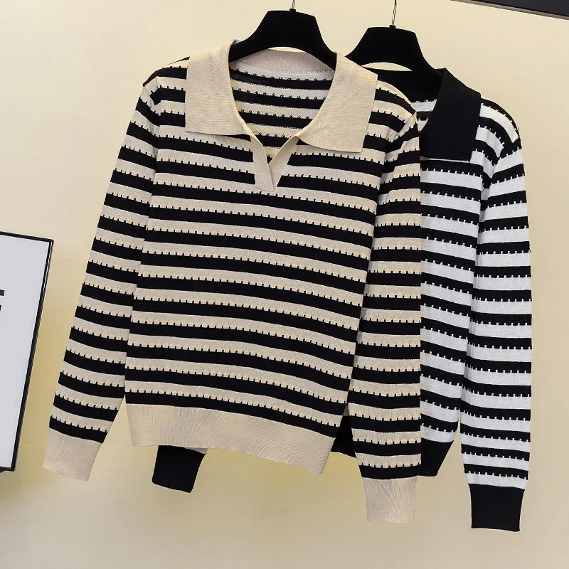 

Women Sweater Polo Collar Stripe Office Casual Long Sleeve Top Female Knitted Pullover Women Clothing 2022 New Large Size 4XL