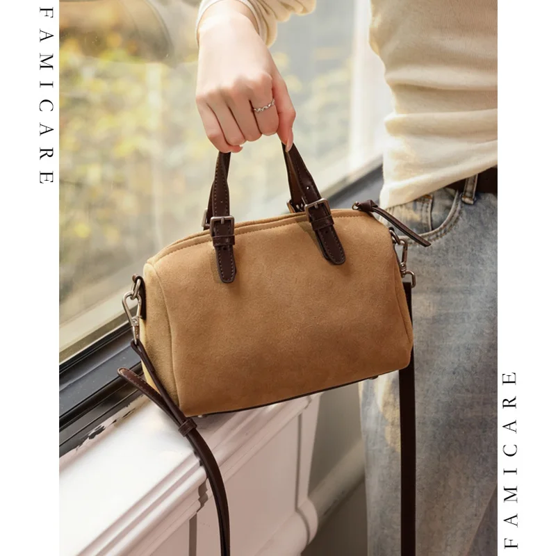 Retro Solid Color Bowling Handbag Split Suede Leather Lady Multi-functional Shoulder Bags Women Casual Effortless Crossbody Bag