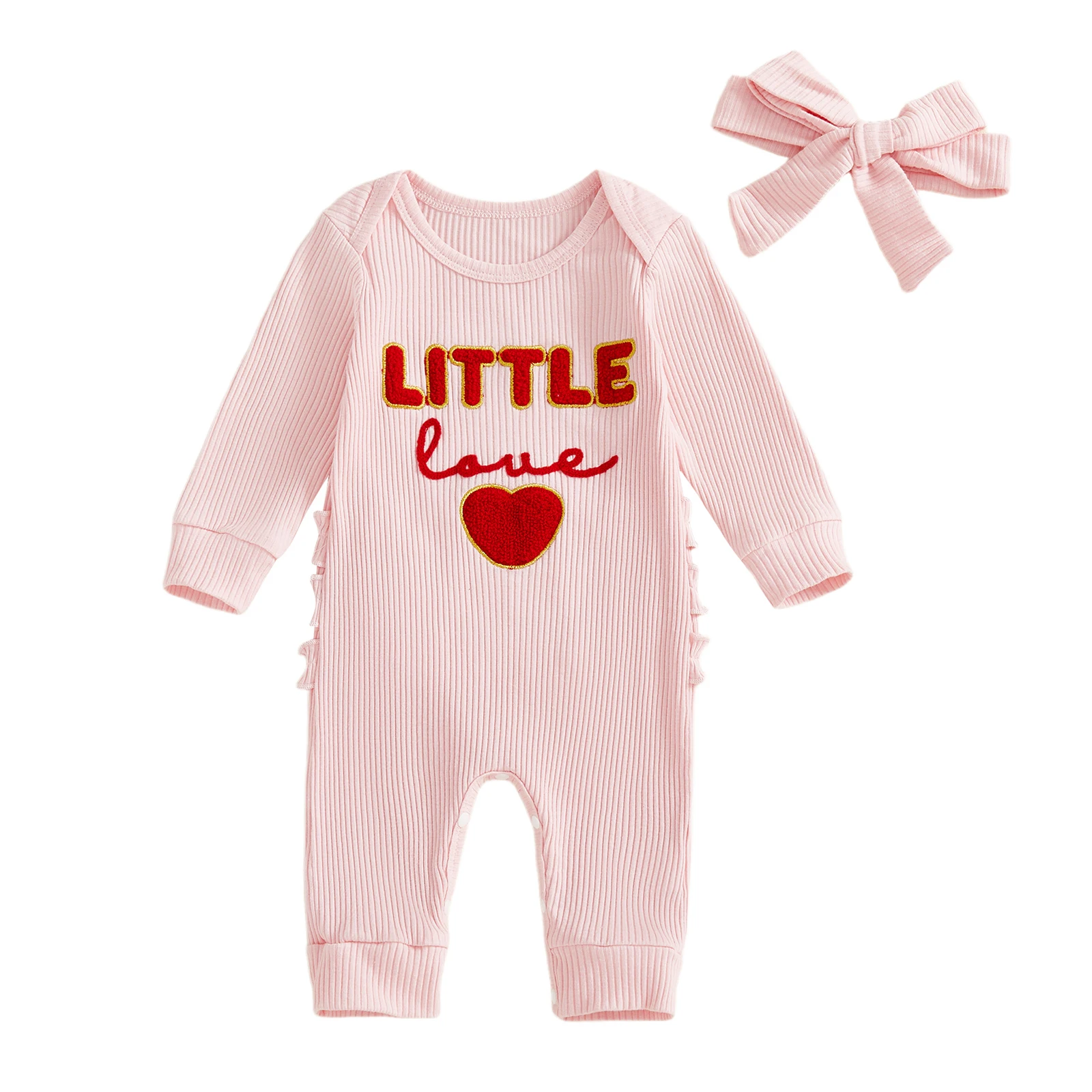 Baby Girl Fall Outfit, Long Sleeve Embroidery Letters Jumpsuit with Headband Baby Clothes for Valentine’s Day