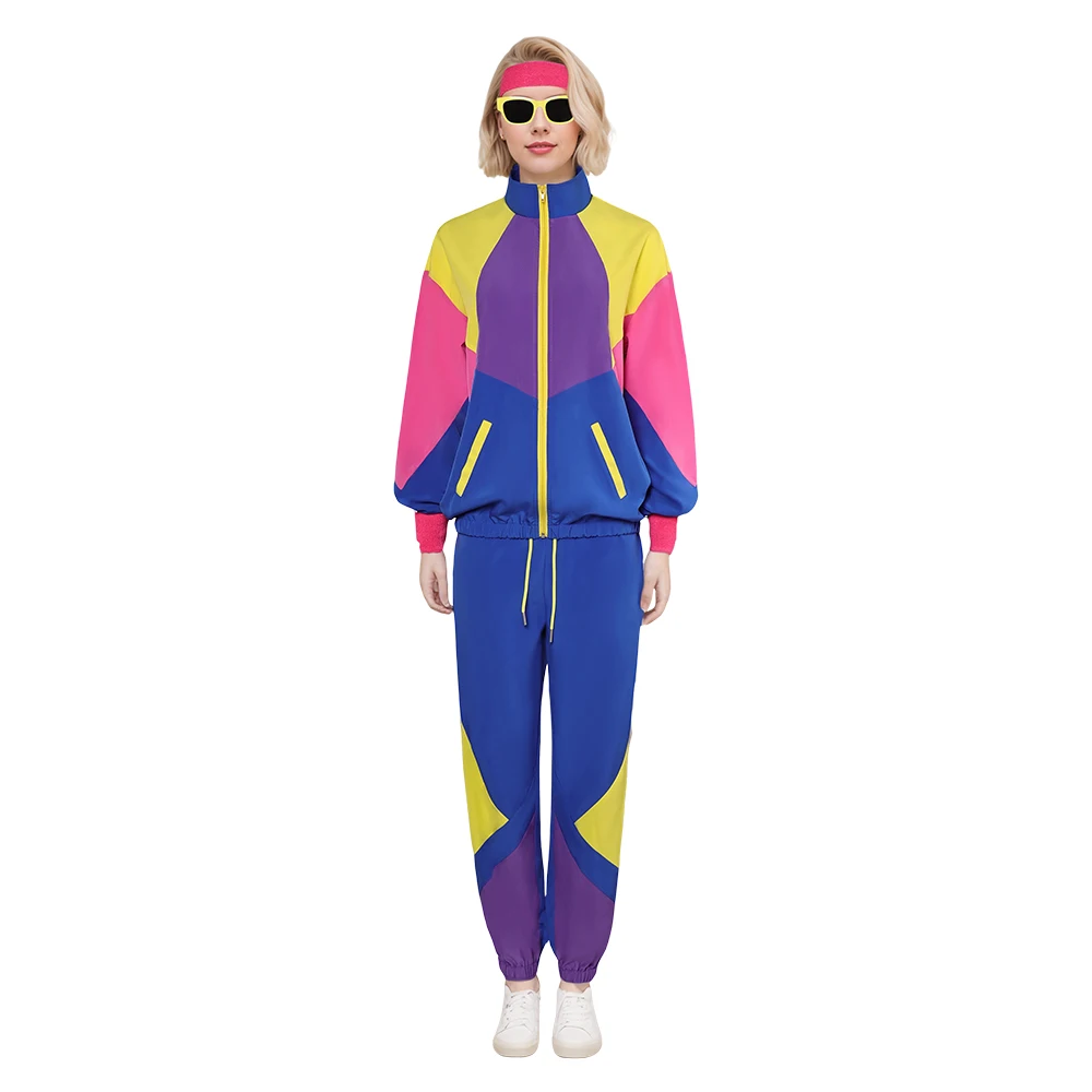 80s 90s Sportswear Hippie Costume Women Hip Hop Cosplay Zip UP Jacket Coat Pants Headband Outfits Halloween Carnival Party Suit