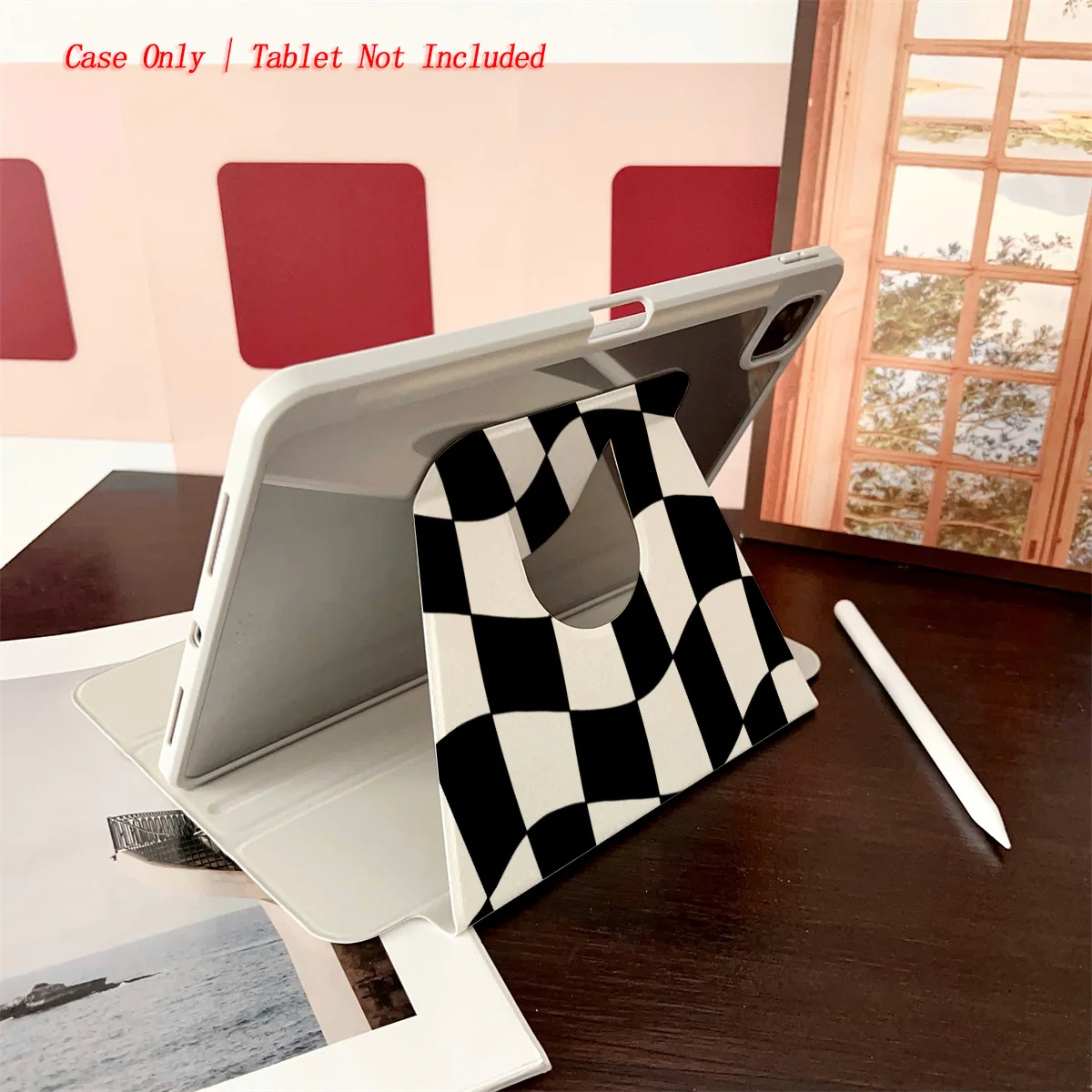 حافظة iPad بنمط شبكي باللونين الأبيض والأسود - غطاء متين مقاوم للصدمات لهاتف Apple Pro/Air/Mini