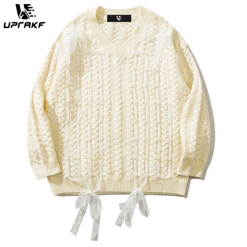 

UPRAKF V-Neck Knit Sweater Loose Pullover Winter Tops Autumn Fashion Streetwear Long Sleeve Solid Color