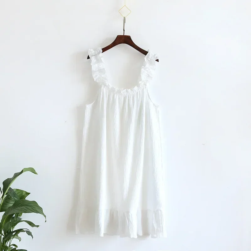 Ladies Summer Cotton Yarn Pure Cotton Thin Suspender Nightdress Loose Mid-length Sweet and Lovely Long Home Dress Camisola Sexy