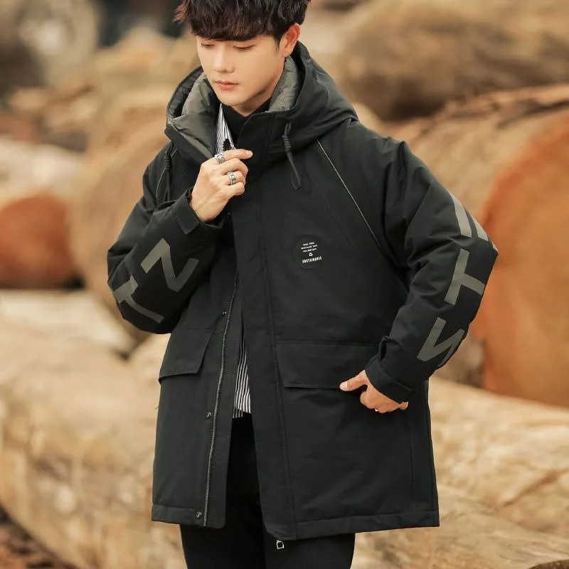 Winter Mid-Length down Jacket Mens New Teen Trend Clothes Fashion Brand Workwear Thickened Coat 2023