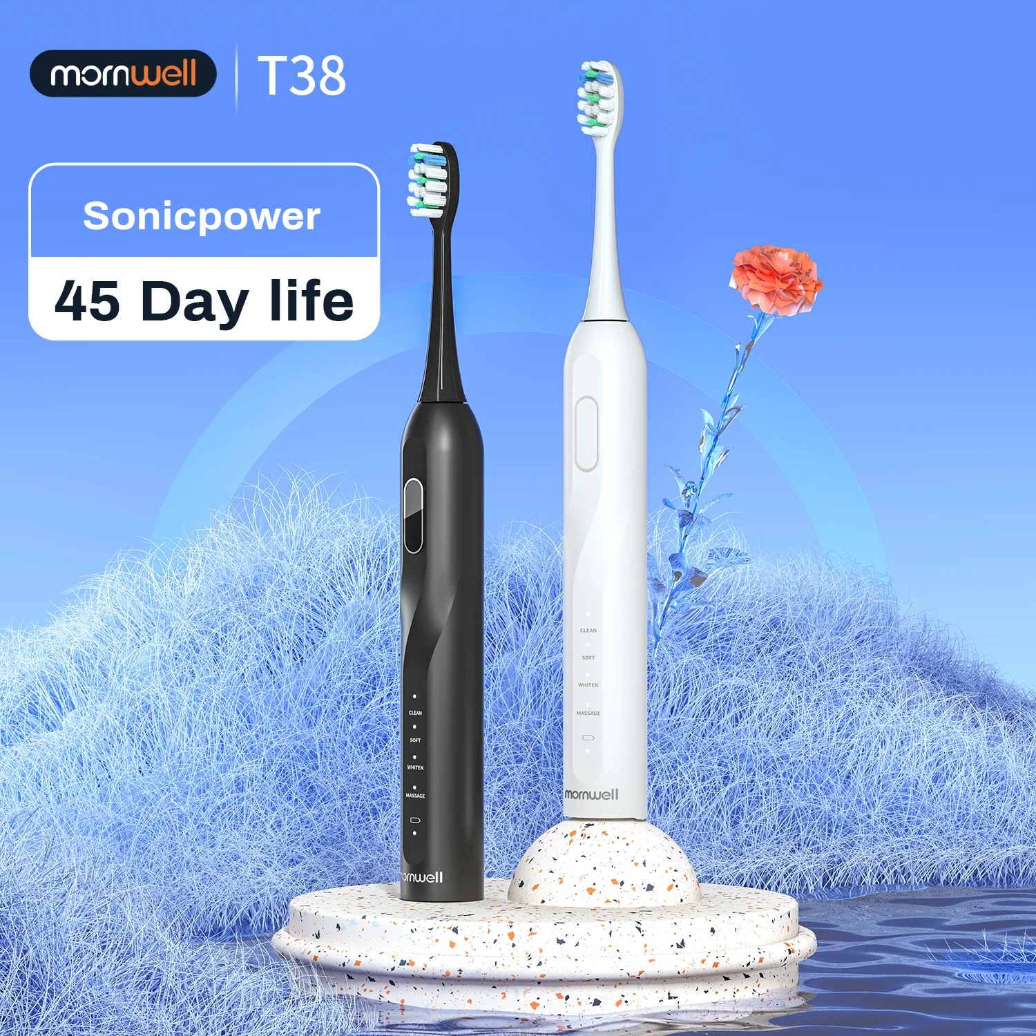 Mornwell T38 Electric Sonic Toothbrush USB Charge Adult Waterproof Ultrasonic Automatic Tooth Brush 8 Brushes Replacement Heads